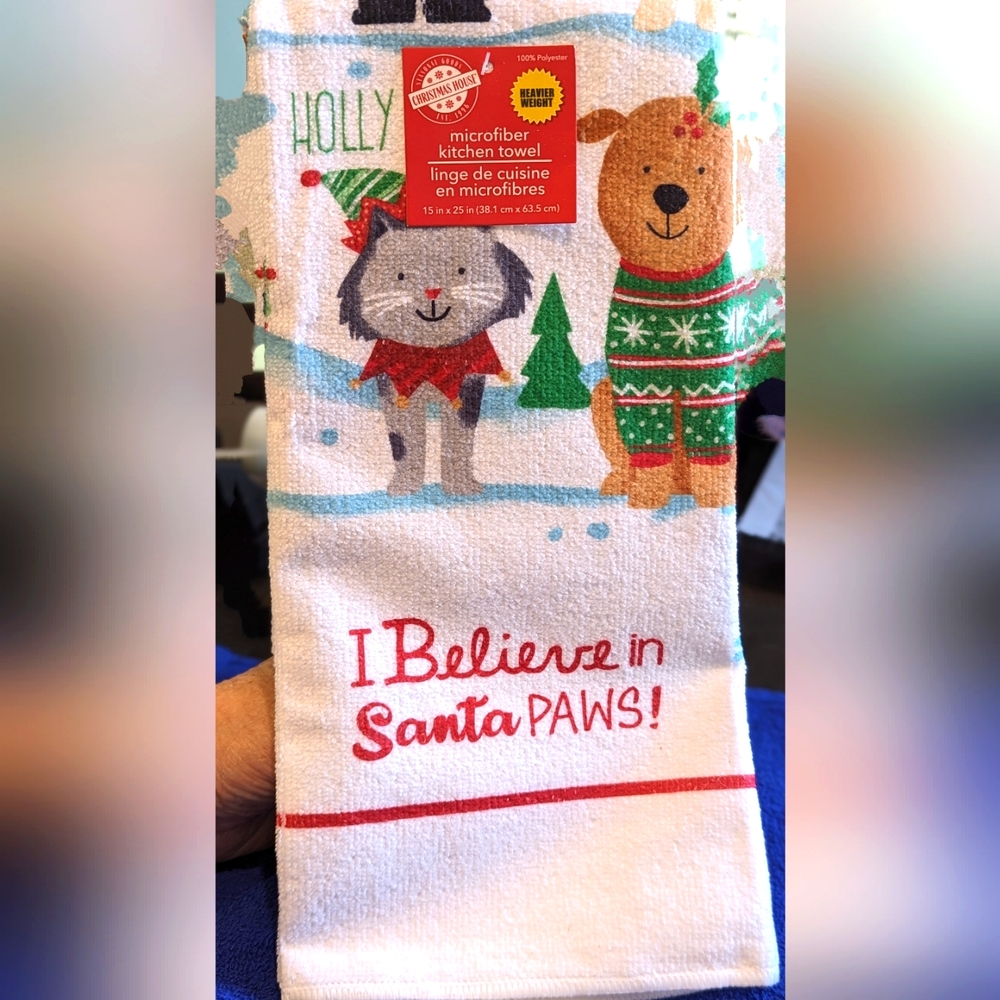 🆕 Christmas House "I Believe in Santa Paws" Tea Towel 15"x 25".